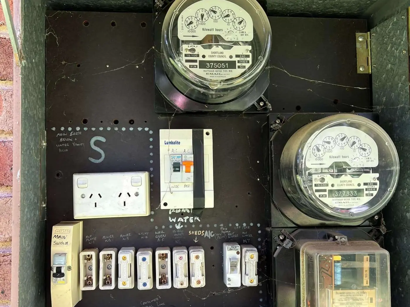 Older meters inside a metal meter enclosure