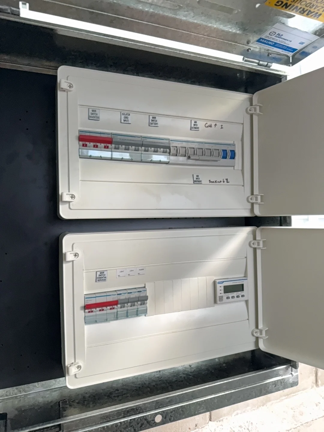 Circuit breakers and safety controls inside the switchboard