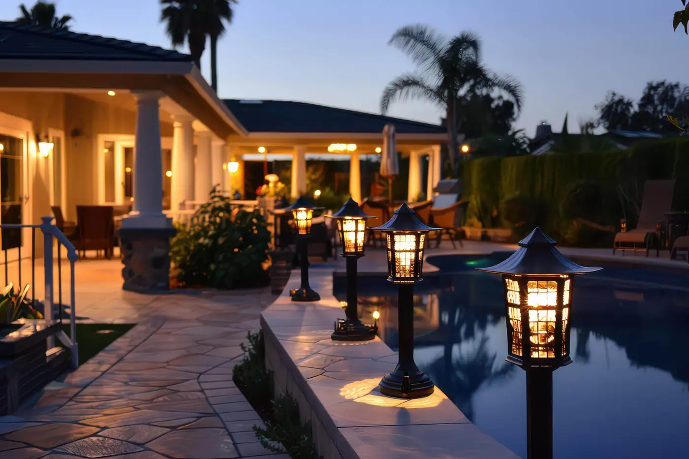 Garden and pool lanterns in the evening