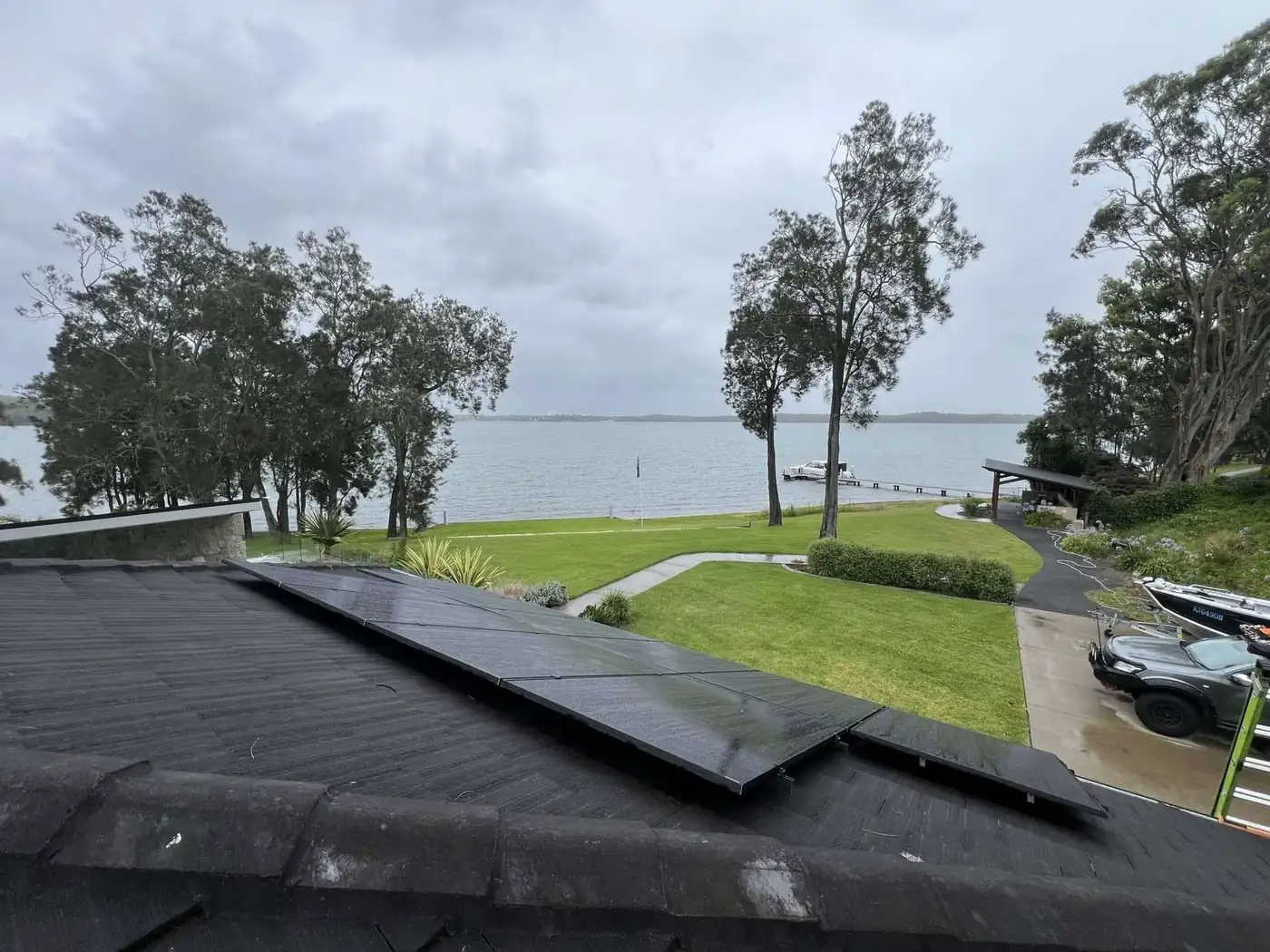 Panels on a lakeside roof